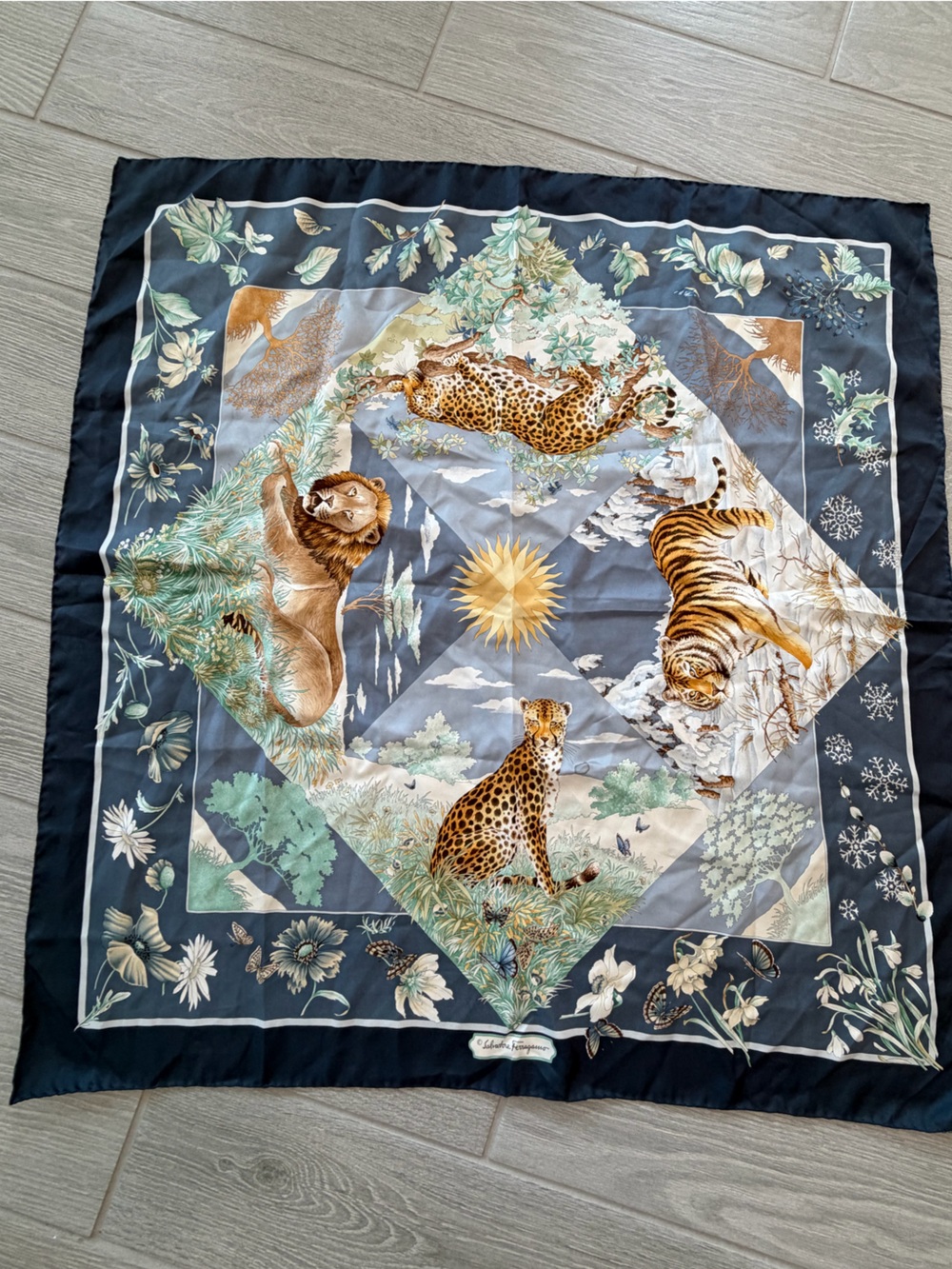 SALVATORE FERRAGAMO Big Cats Lion Leopard Tiger Hand Rolled Silk Scarf
